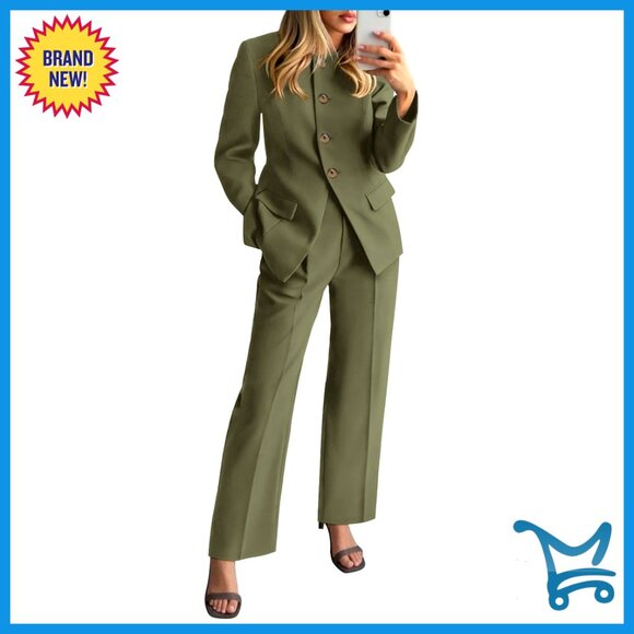Jackets & Blazers - Long Sleeve Blazer Wide Leg Pant Suit Set Business Casual Office Wear